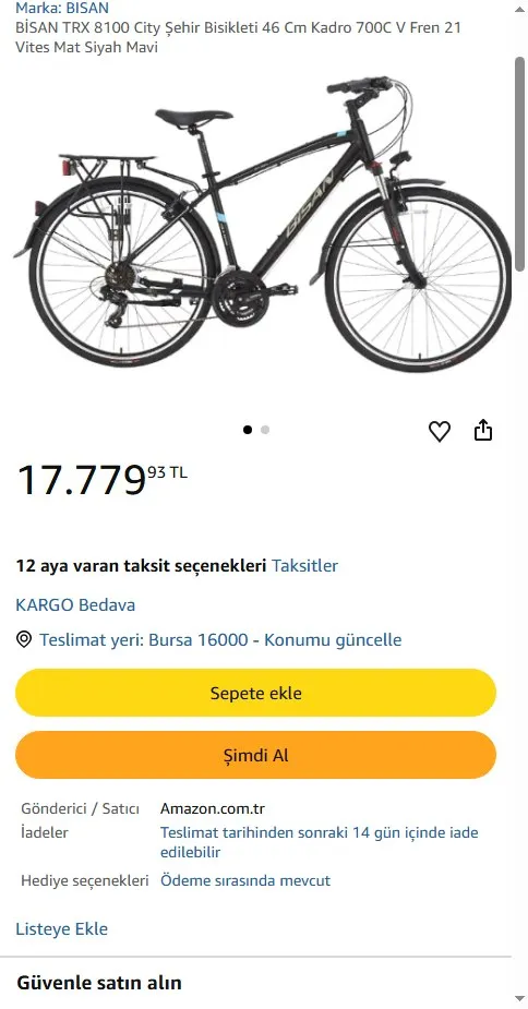 BİSAN TRX 8100 City Şehir Bisikleti 46 Cm Kadro 700C V Fren 21 Vites Mat Siyah Mavi