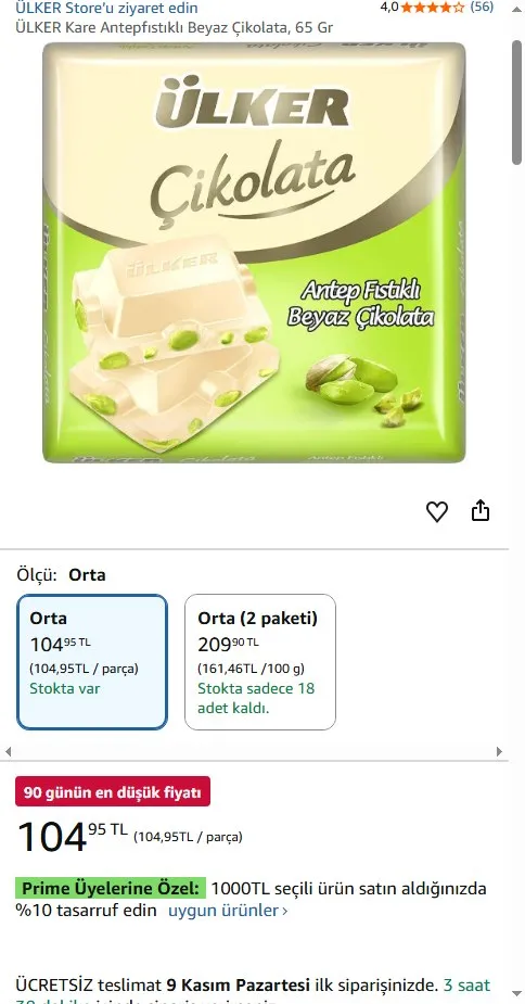 ÜLKER Kare Antepfıstıklı Beyaz Çikolata, 65 Gr