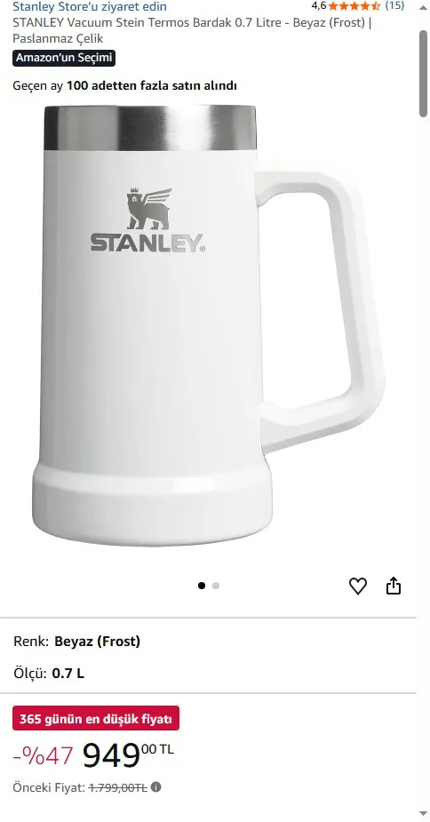 STANLEY Vacuum Stein Termos Bardak 0.7 Litre - Beyaz (Frost) | Paslanmaz Çelik