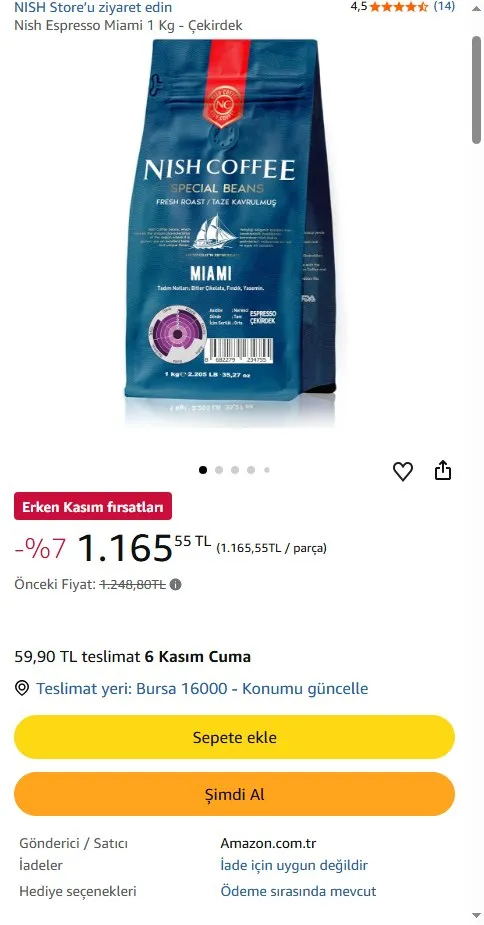 Nish Espresso Miami 1 Kg - Çekirdek