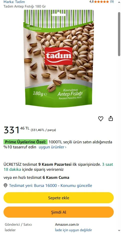 Tadım Antep Fıstığı 180 Gr