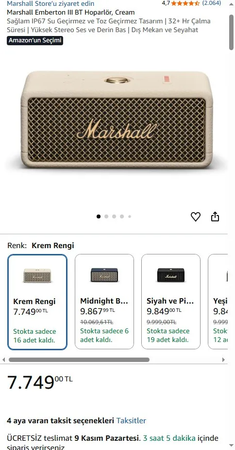 Marshall Emberton III BT Hoparlör, Cream