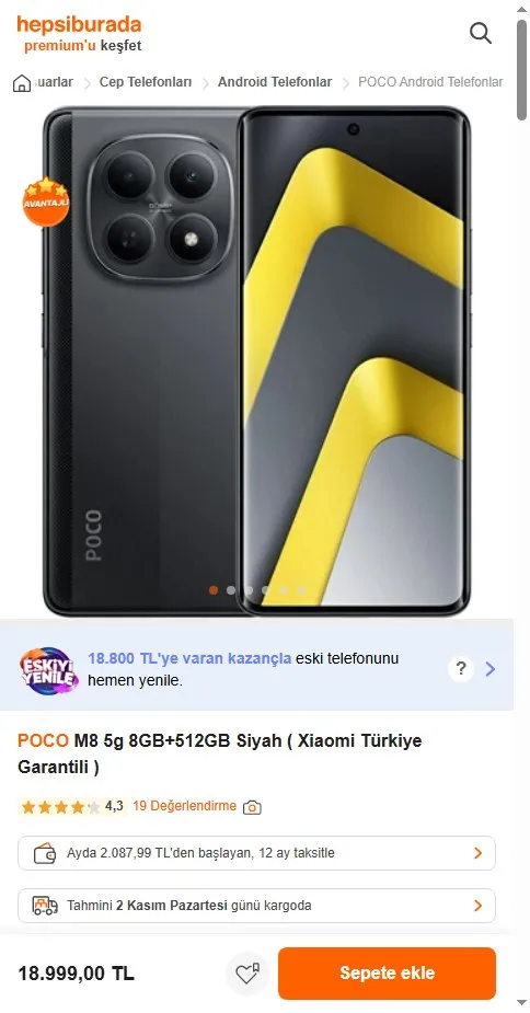 POCO M8 5g 8GB+512GB Siyah ( Xiaomi Türkiye Garantili )