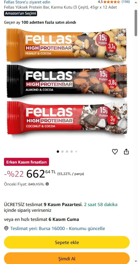 Fellas Yüksek Protein Bar, Karma Kutu (3 Çeşit), 45gr x 12 Adet