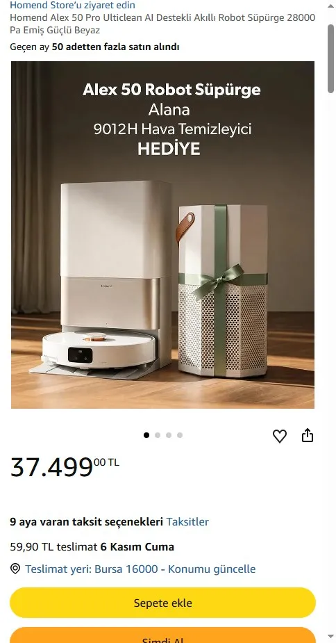 Homend Alex 50 Pro Ulticlean AI Destekli Akıllı Robot Süpürge 28000 Pa Emiş Güçlü Beyaz