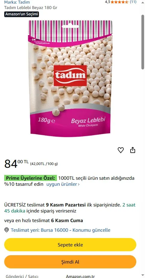 Tadım Leblebi Beyaz 180 Gr