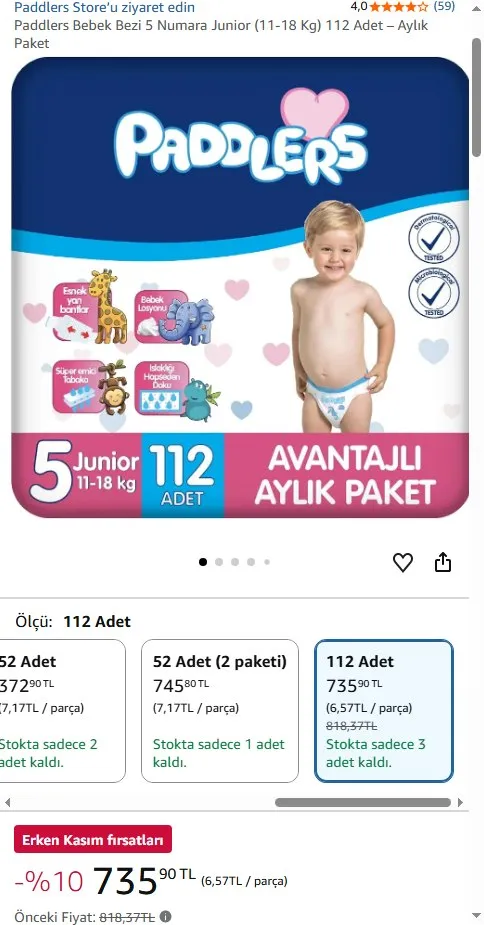 Paddlers Bebek Bezi 5 Numara Junior (11-18 Kg) 112 Adet – Aylık Paket