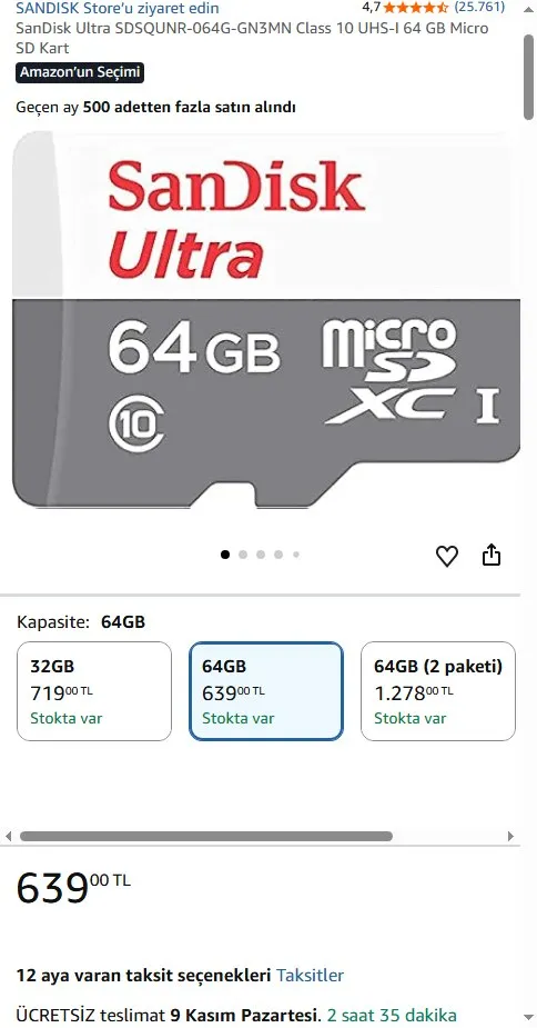 SanDisk Ultra SDSQUNR-064G-GN3MN Class 10 UHS-I 64 GB Micro SD Kart