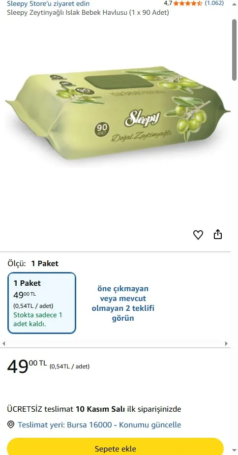 Sleepy Zeytinyağlı Islak Bebek Havlusu (1 x 90 Adet)