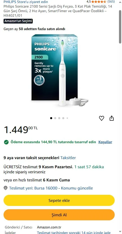 Philips Sonicare 2100 Serisi Şarjlı Diş Fırçası, 3 Kat Plak Temizliği, 14 Gün Şarj Ömrü, 2 Hız Ayarı, SmartTimer ve QuadPacer Özellikli – HX4021/01