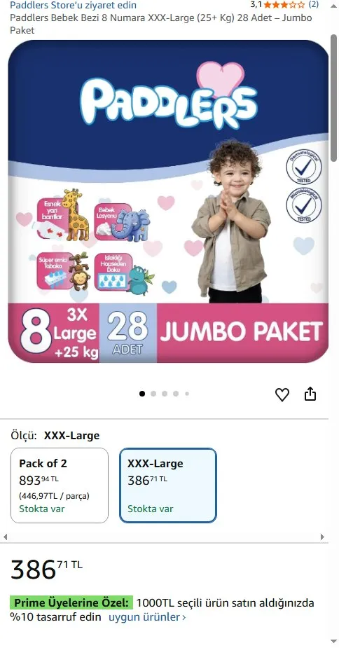 Paddlers Bebek Bezi 8 Numara XXX-Large (25+ Kg) 28 Adet – Jumbo Paket