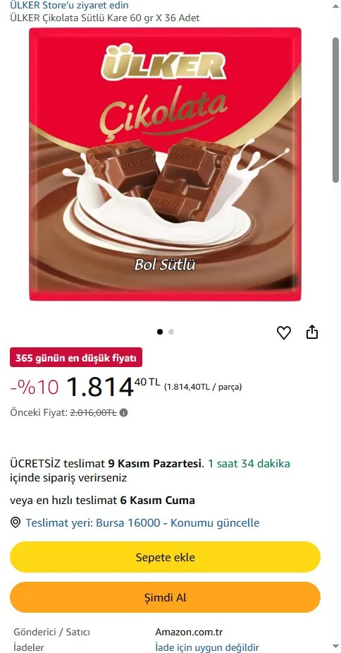 ÜLKER Çikolata Sütlü Kare 60 gr X 36 Adet