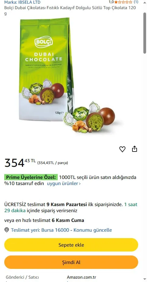 Bolçi Dubai Çikolatası Fıstıklı Kadayıf Dolgulu Sütlü Top Çikolata 120 g