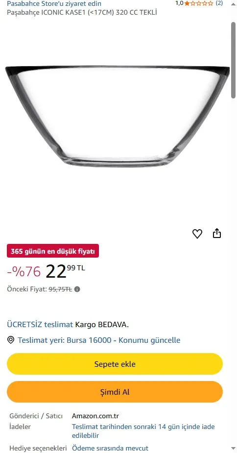 Paşabahçe ICONIC KASE1 (<17CM) 320 CC TEKLİ