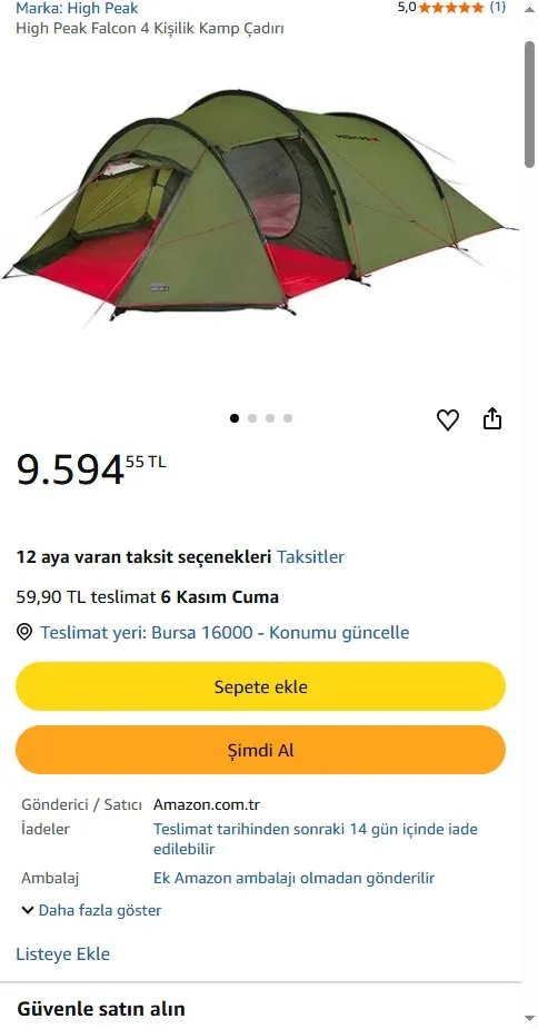High Peak Falcon 4 Kişilik Kamp Çadırı