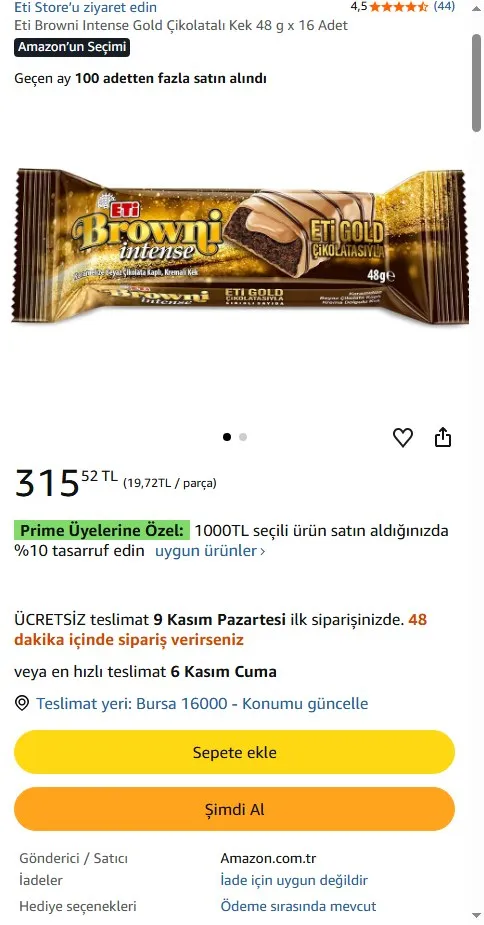 Eti Browni Intense Gold Çikolatalı Kek 48 g x 16 Adet