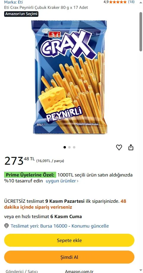 Eti Crax Peynirli Çubuk Kraker 80 g x 17 Adet