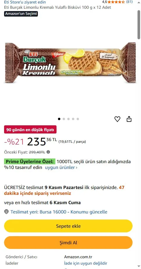 Eti Burçak Limonlu Kremalı Yulaflı Bisküvi 100 g x 12 Adet
