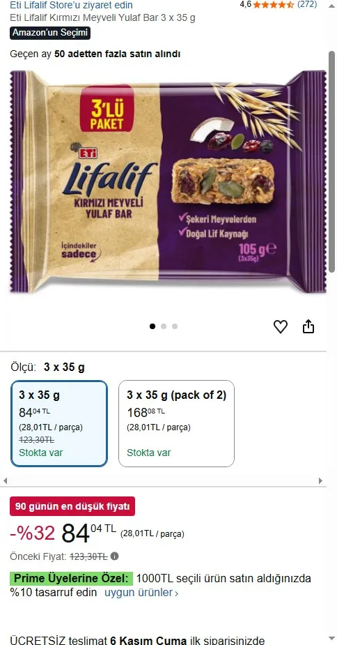 Eti Lifalif Kırmızı Meyveli Yulaf Bar 3 x 35 g