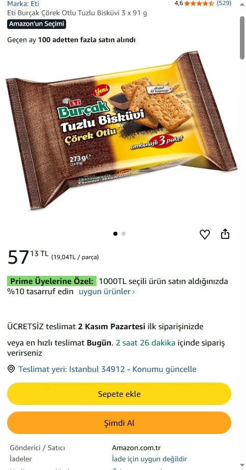 Eti Burçak Çörek Otlu Tuzlu Bisküvi 3 x 91 g