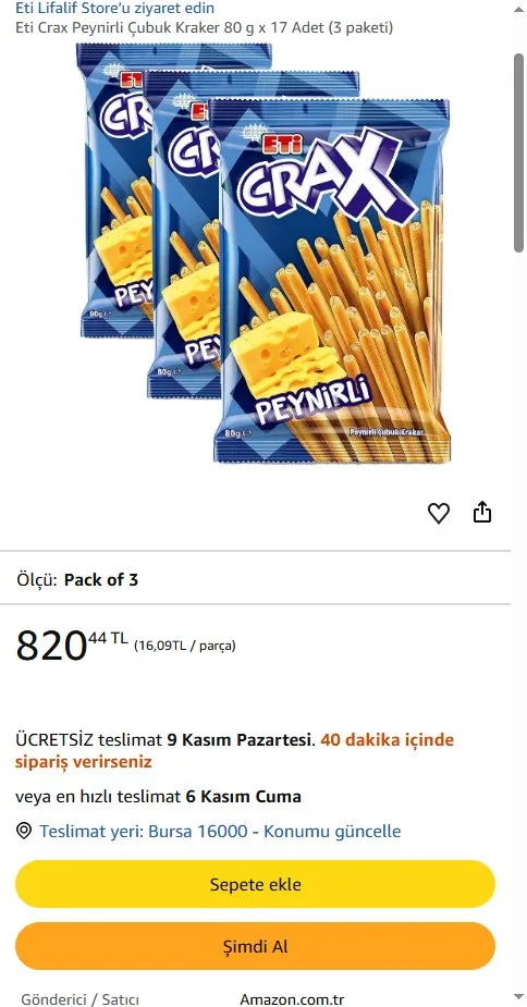 Eti Crax Peynirli Çubuk Kraker 80 g x 17 Adet (3 paketi)