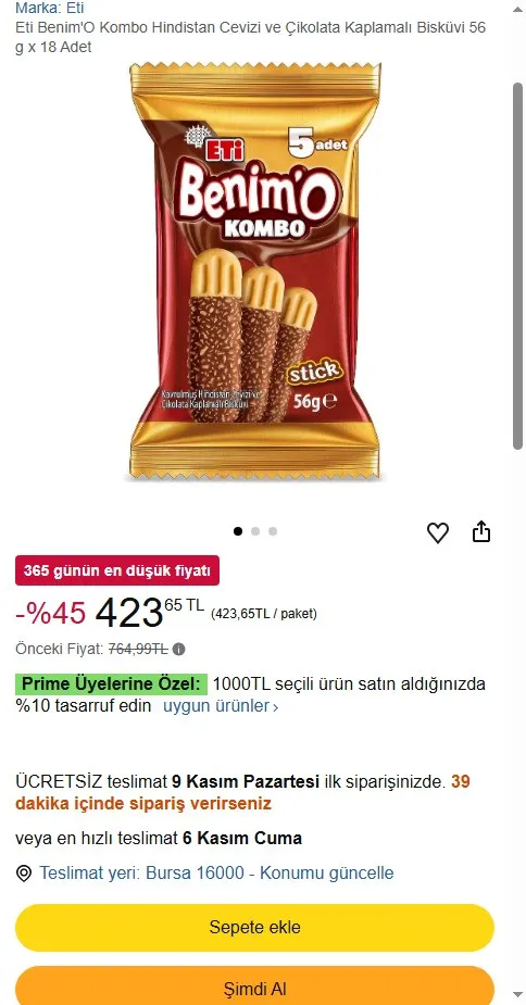 Eti Benim'O Kombo Hindistan Cevizi ve Çikolata Kaplamalı Bisküvi 56 g x 18 Adet