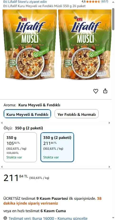 Eti Lifalif Kuru Meyveli ve Fındıklı Müsli 350 g 2li paket