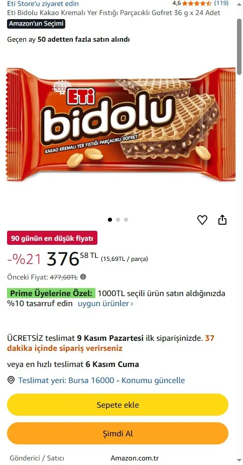 Eti Bidolu Kakao Kremalı Yer Fıstığı Parçacıklı Gofret 36 g x 24 Adet
