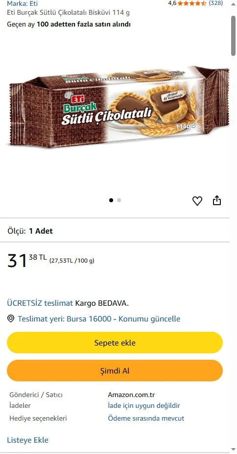 Eti Burçak Sütlü Çikolatalı Bisküvi 114 g