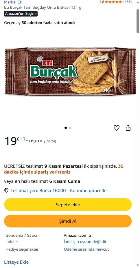 Eti Burçak Tam Buğday Unlu Bisküvi 131 g