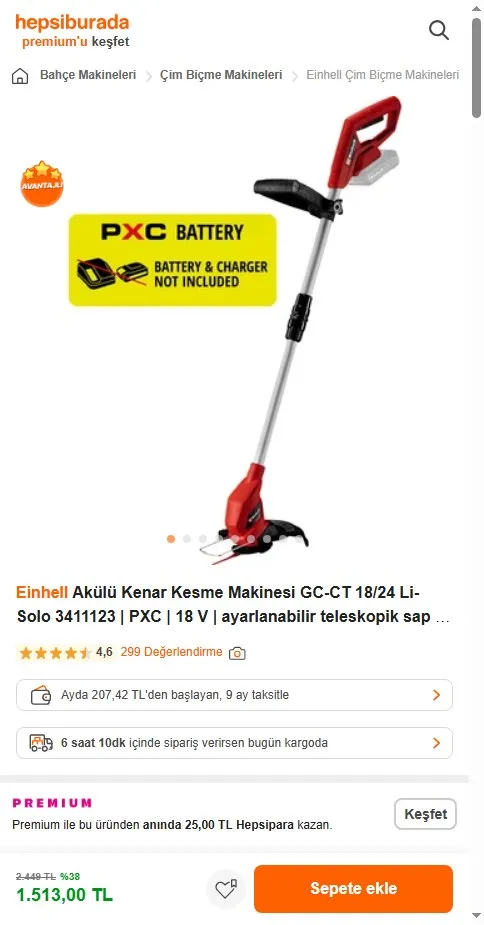Einhell Akülü Kenar Kesme Makinesi GC-CT 18/24 Li-Solo 3411123 | PXC | 18 V | ayarlanabilir teleskopik sap | 20 plastik bıçak | çiçek koruyucu | akü hariç