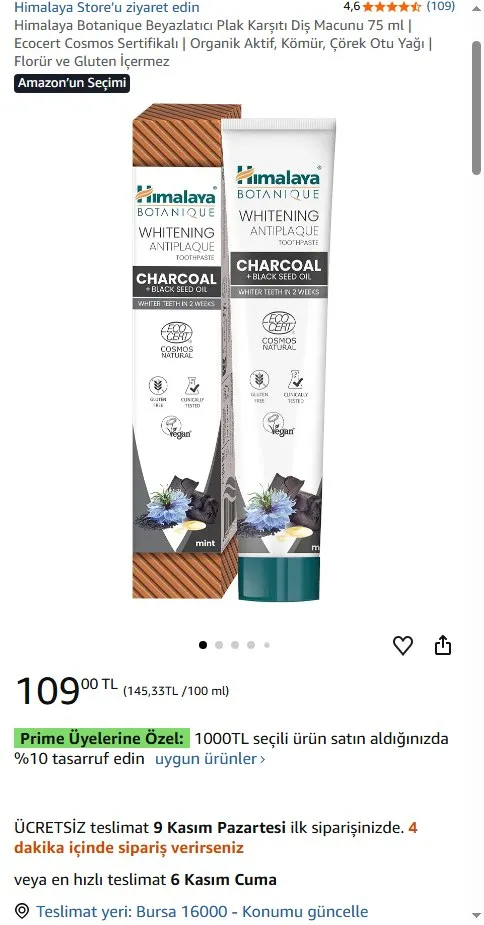 Himalaya Botanique Beyazlatıcı Plak Karşıtı Diş Macunu 75 ml | Ecocert Cosmos Sertifikalı | Organik Aktif, Kömür, Çörek Otu Yağı | Florür ve Gluten İçermez