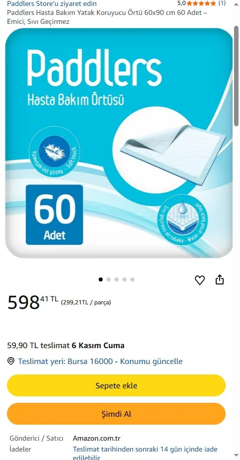 Paddlers Hasta Bakım Yatak Koruyucu Örtü 60x90 cm 60 Adet – Emici, Sıvı Geçirmez