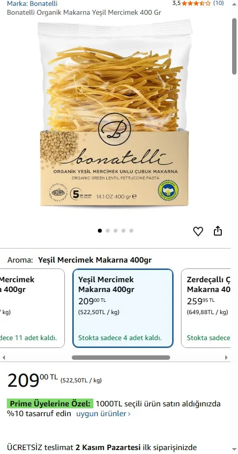 Bonatelli Organik Makarna Yeşil Mercimek 400 Gr