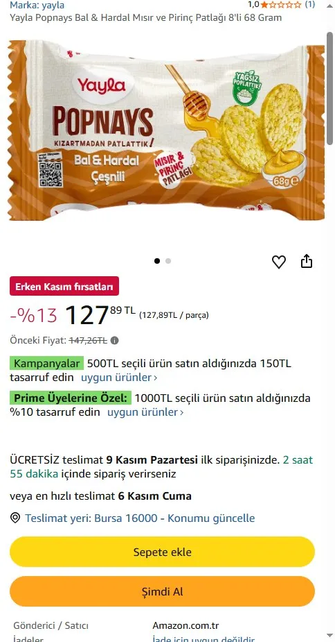 Yayla Popnays Bal & Hardal Mısır ve Pirinç Patlağı 8'li 68 Gram