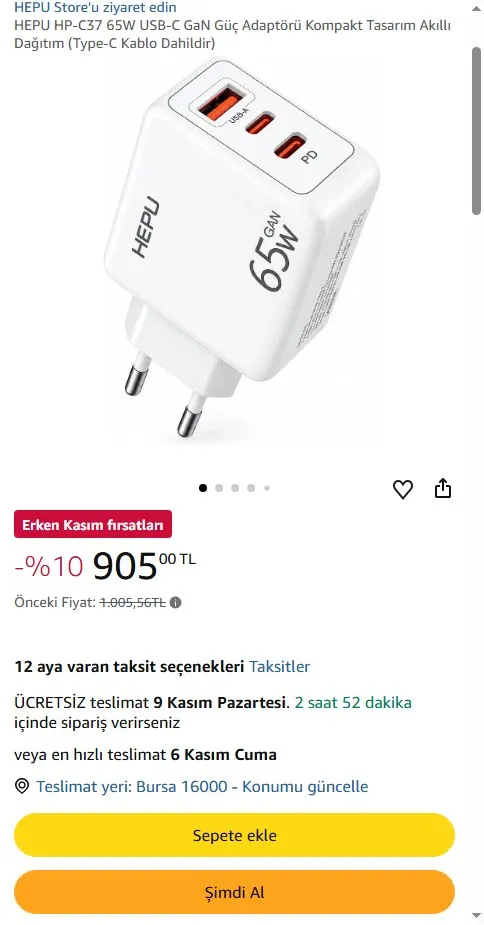 HEPU HP-C37 65W USB-C GaN Güç Adaptörü Kompakt Tasarım Akıllı Dağıtım (Type-C Kablo Dahildir)