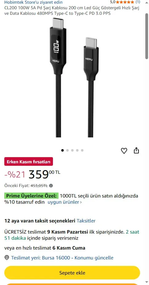 CL200 100W 5A Pd Şarj Kablosu 200 cm Led Güç Göstergeli Hızlı Şarj ve Data Kablosu 480MPS Type-C to Type-C PD 3.0 PPS