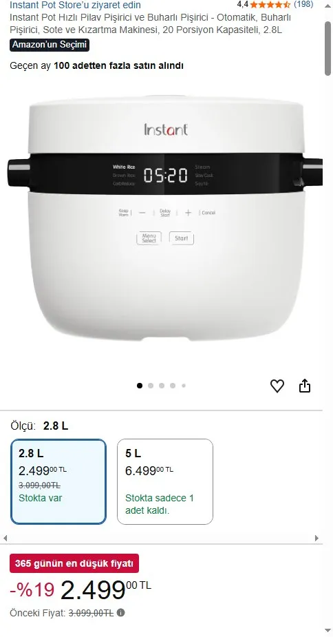 Instant Pot Hızlı Pilav Pişirici ve Buharlı Pişirici - Otomatik, Buharlı Pişirici, Sote ve Kızartma Makinesi, 20 Porsiyon Kapasiteli, 2.8L