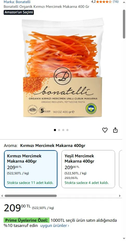 Bonatelli Organik Kırmızı Mercimek Makarna 400 Gr