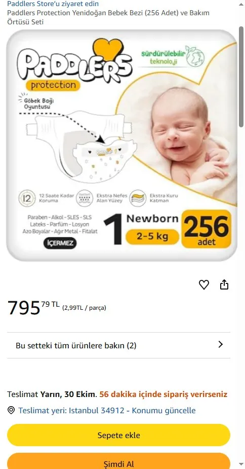 Paddlers Protection Yenidoğan Bebek Bezi (256 Adet) ve Bakım Örtüsü Seti