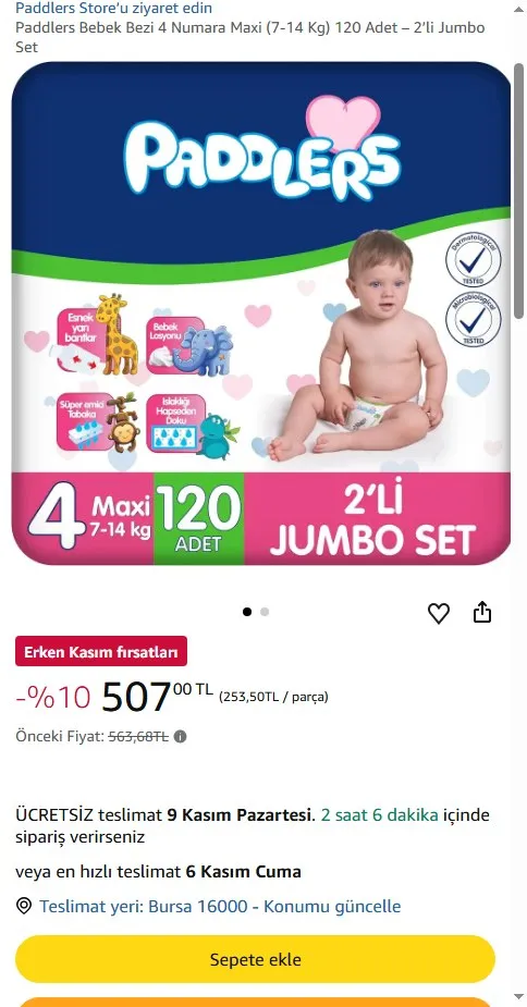 Paddlers Bebek Bezi 4 Numara Maxi (7-14 Kg) 120 Adet – 2’li Jumbo Set