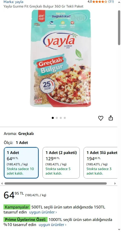 Yayla Gurme Fit Greçkalı Bulgur 360 Gr Tekli Paket
