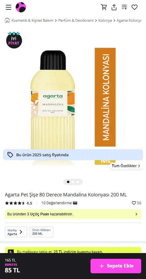 Agarta Pet Şişe 80 Derece Mandalina Kolonyası 200 ML