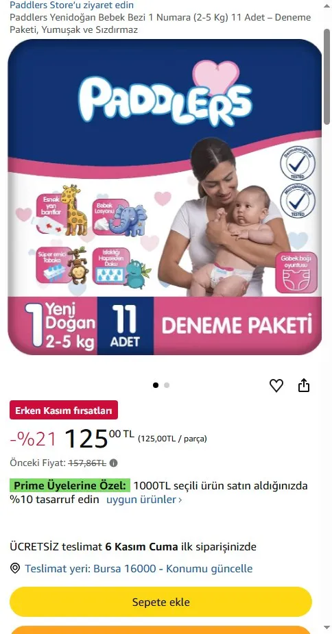 Paddlers Yenidoğan Bebek Bezi 1 Numara (2-5 Kg) 11 Adet – Deneme Paketi, Yumuşak ve Sızdırmaz