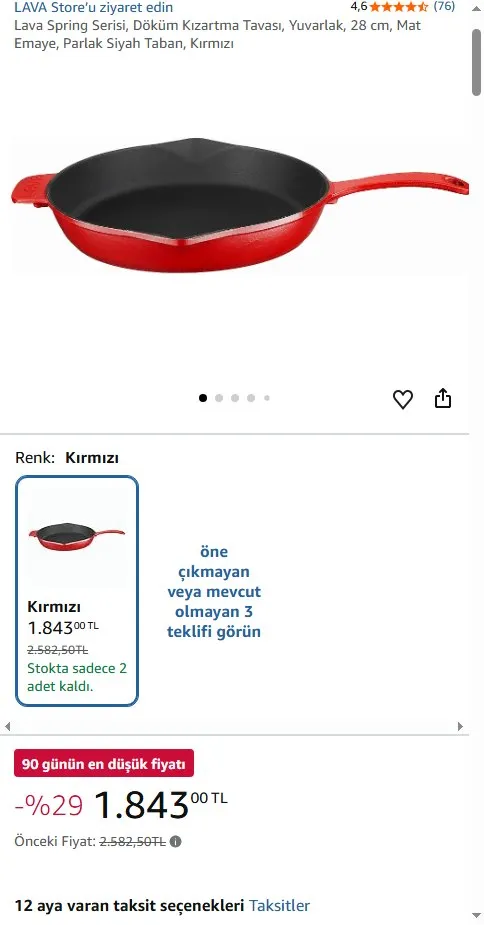 Lava Spring Serisi, Döküm Kızartma Tavası, Yuvarlak, 28 cm, Mat Emaye, Parlak Siyah Taban, Kırmızı