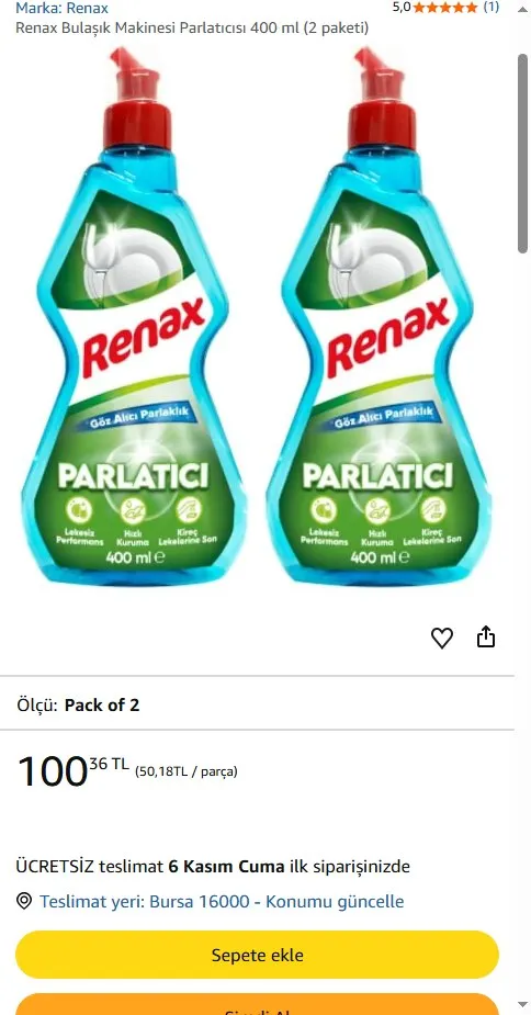 Renax Bulaşık Makinesi Parlatıcısı 400 ml (2 paketi)