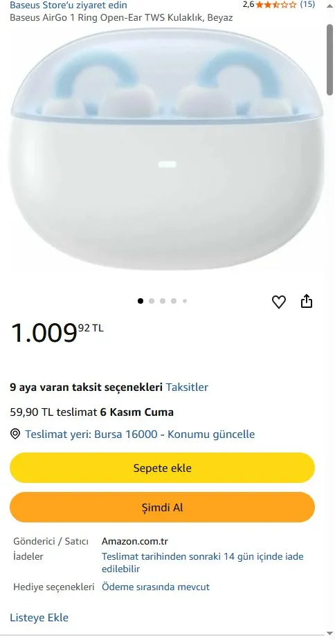 Baseus AirGo 1 Ring Open-Ear TWS Kulaklık, Beyaz