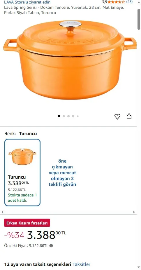 Lava Spring Serisi - Döküm Tencere, Yuvarlak, 28 cm, Mat Emaye, Parlak Siyah Taban, Turuncu