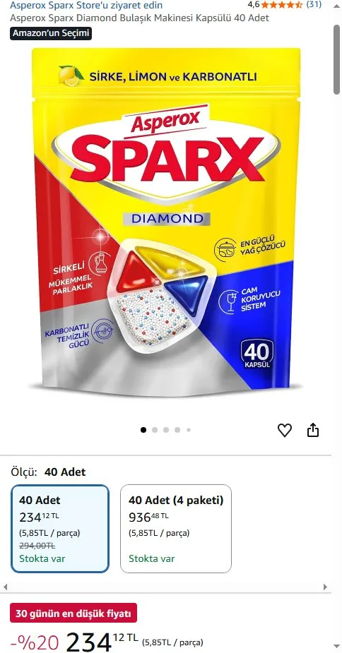 Asperox Sparx Diamond Bulaşık Makinesi Kapsülü 40 Adet