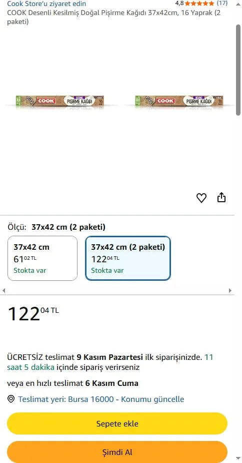 COOK Desenli Kesilmiş Doğal Pişirme Kağıdı 37x42cm, 16 Yaprak (2 paketi)